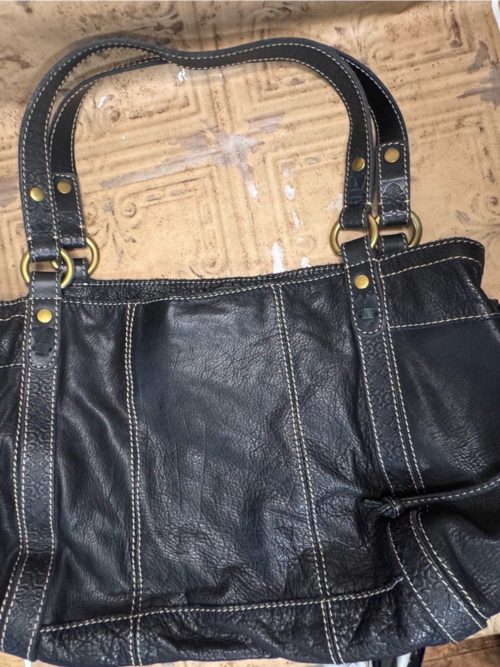 Lucky Brand Black Leather Shoulder Bag with Brass Accents